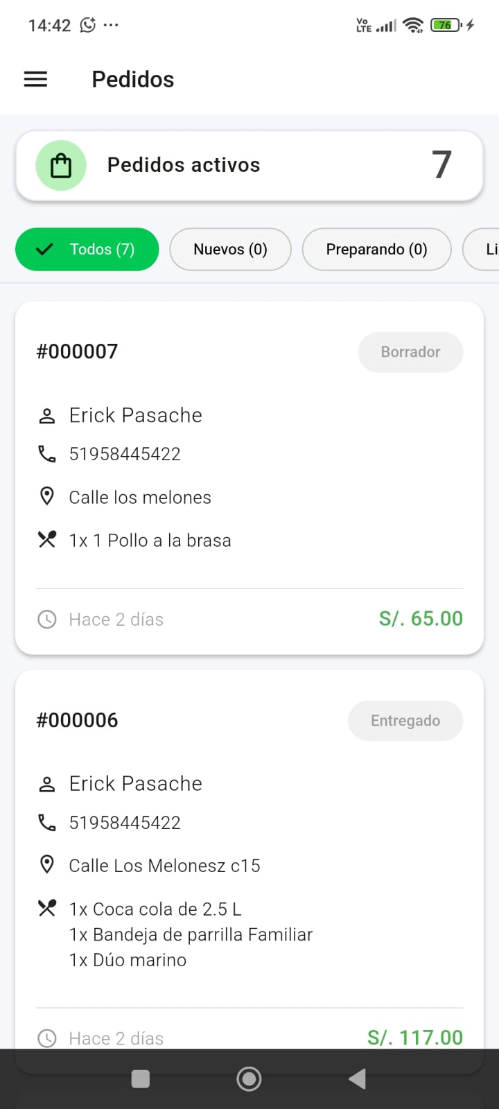 App PacaBoot mostrando el listado de pedidos activos